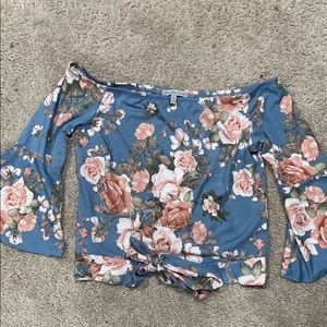 Blue Floral off the Shoulder Knot Top